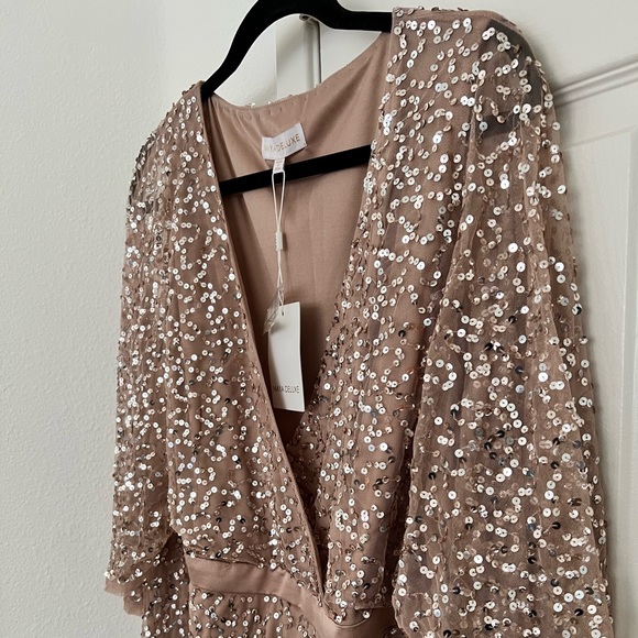 maya bridesmaid delicate sequin wrap maxi dress in taupe blush Maya Taupe Blush Bardot Embellished Maxi Dress – Maya Deluxe main image 1